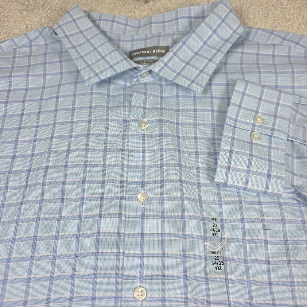 Geoffrey Beene Dress Shirt Mens 4XL Blue Wrinkle Free Big‎ Fit Grid Long Sleeve